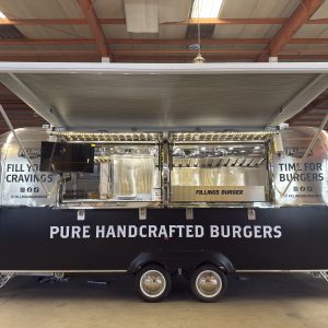Retro aluminum burger food trailer with stainless steel commercial kitchen and large serving window