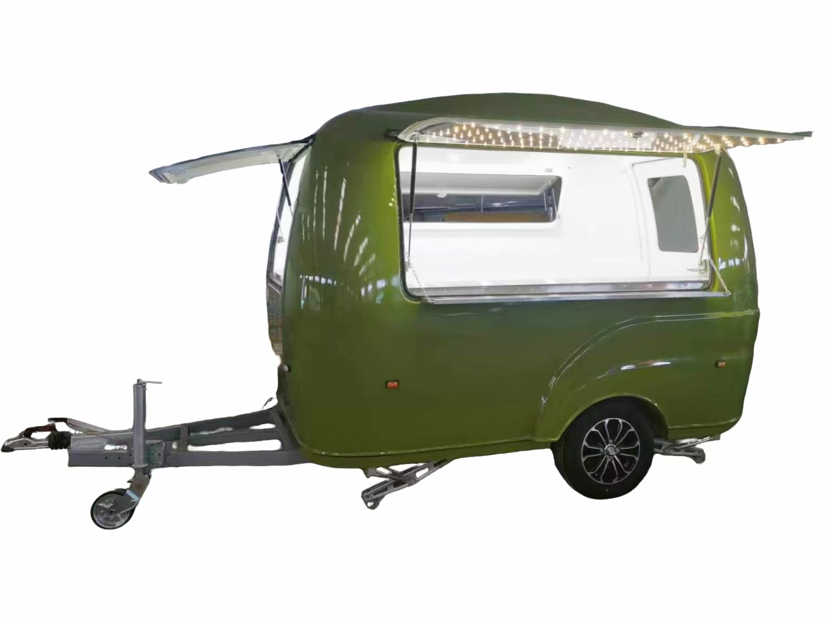Side view of 2.8M retro food trailer with open serving window and LED lighting