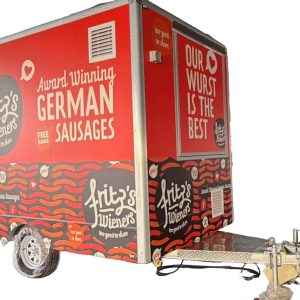 3.2m custom fiberglass square food trailer for Australia with German sausage branding and single axle chassis