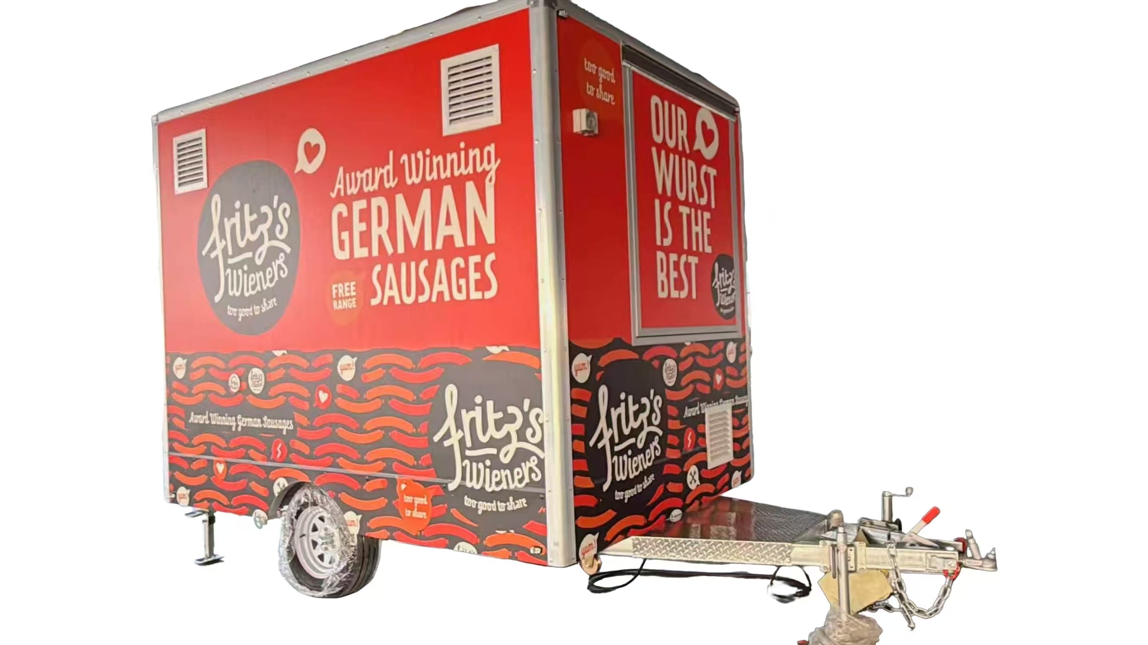 3.2m custom fiberglass square food trailer for Australia with German sausage branding and single axle chassis