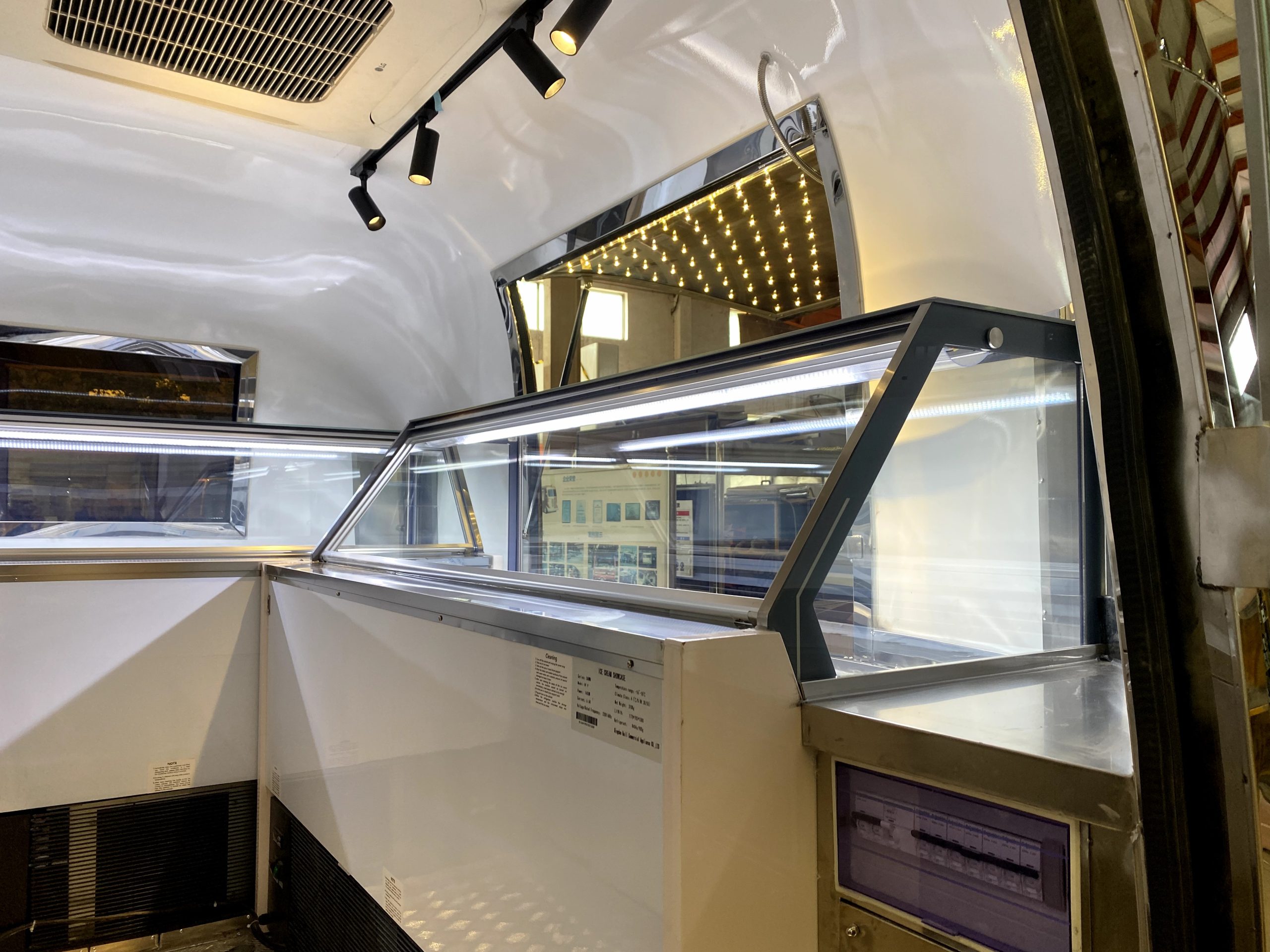 Commercial ice cream display freezer inside stainless steel ice cream trailer
