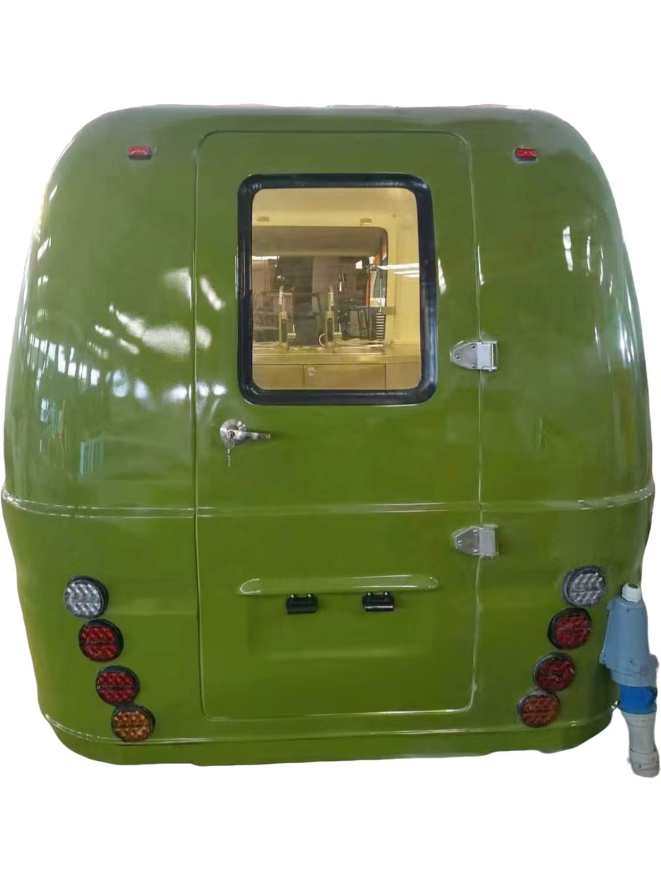 Rear view of 2.8M retro food trailer with LED lighting and service window