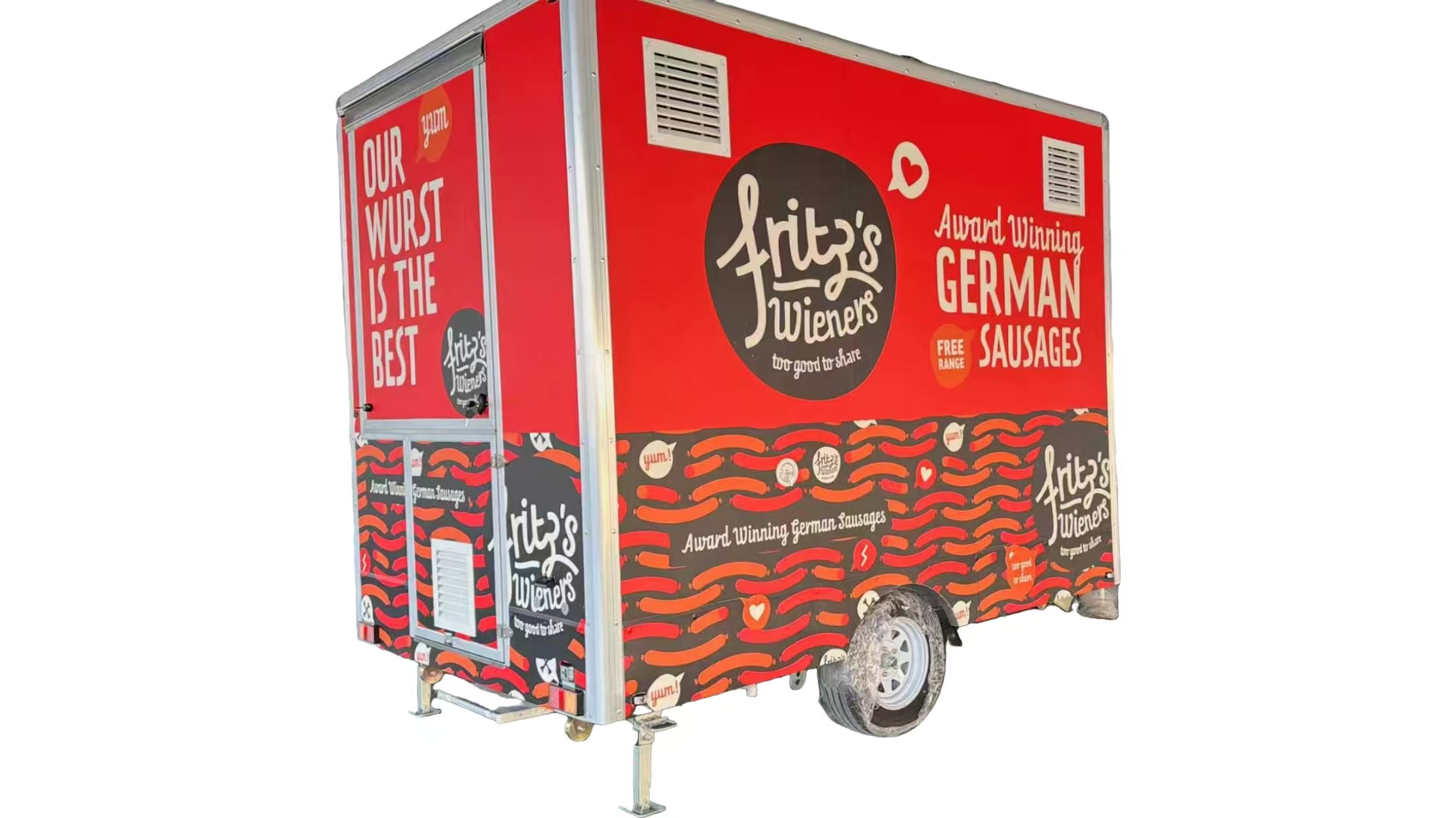Featuring a vibrant full-body vinyl wrap and reinforced trailer frame, this Australian custom food trailer is ideal for promotional food businesses, events, and mobile catering operations.